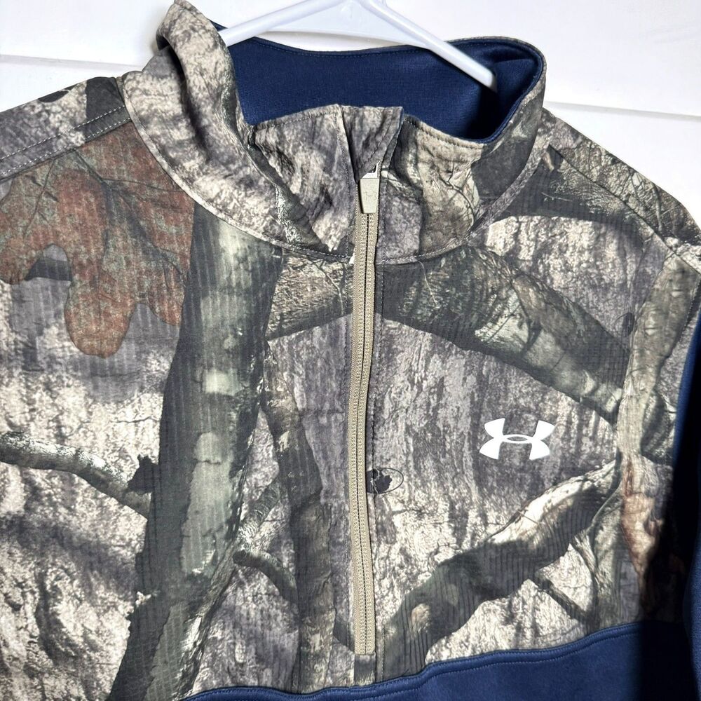 Under Armour Mens L Camo 1/4 Zip Fleece Pullover Navy Hunting Loose Fit Outdoor